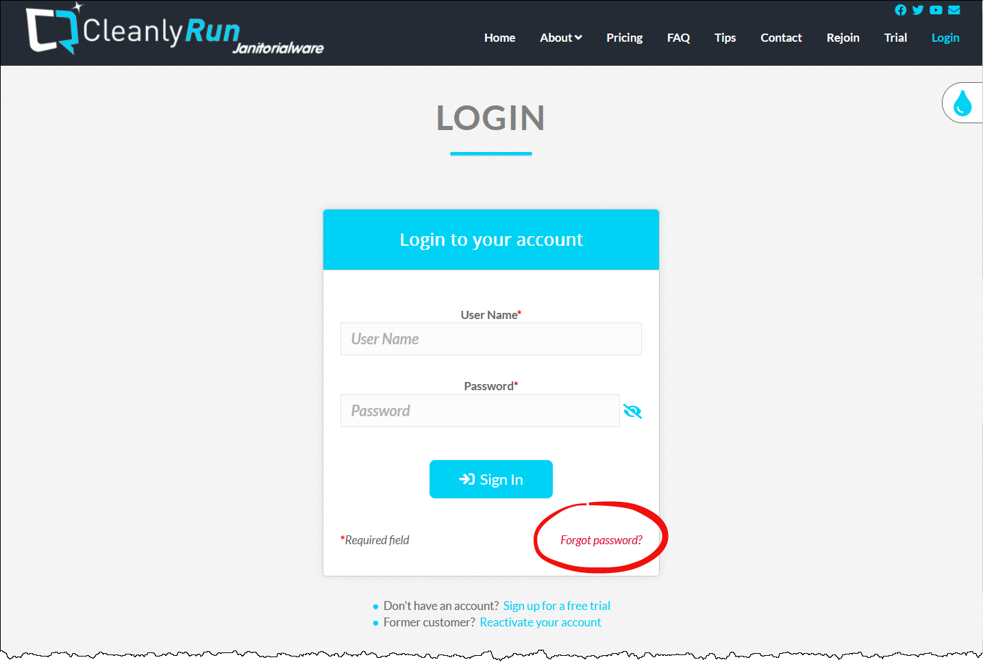CleanlyRun Login page screenshot - The Forgot Password link is circled