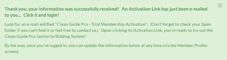 CleanlyRun Trial Registration successful message