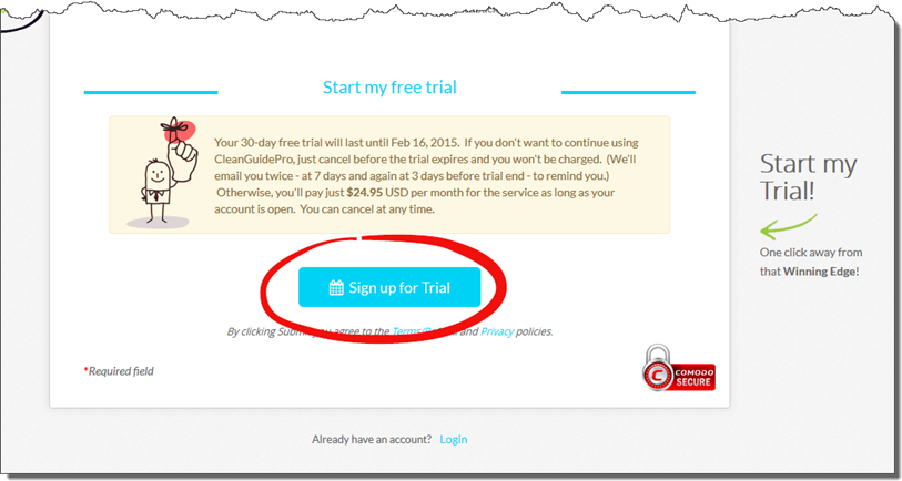 CleanlyRun Trial Registration Form Submit button